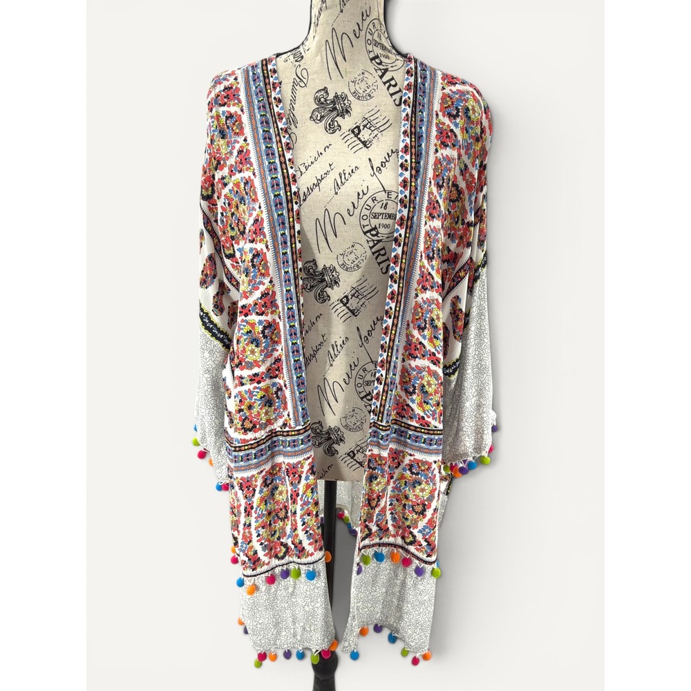 Umgee Kimono Women M/L Multi Color Paisley Floral Pom Pom Trim Boho Gypsie Beach